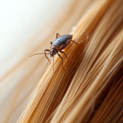 The primary subject of the image is a small brown bug, likely a cockroach, sitting on a strand of blonde hair. The setting is a close-up of the bug on the hair, with the background being the blonde hair. The visual style is a realistic representation of the bug and the hair. The colors and mood of the image are dominated by the brown color of the bug and the blonde hair, creating a natural and calm atmosphere.